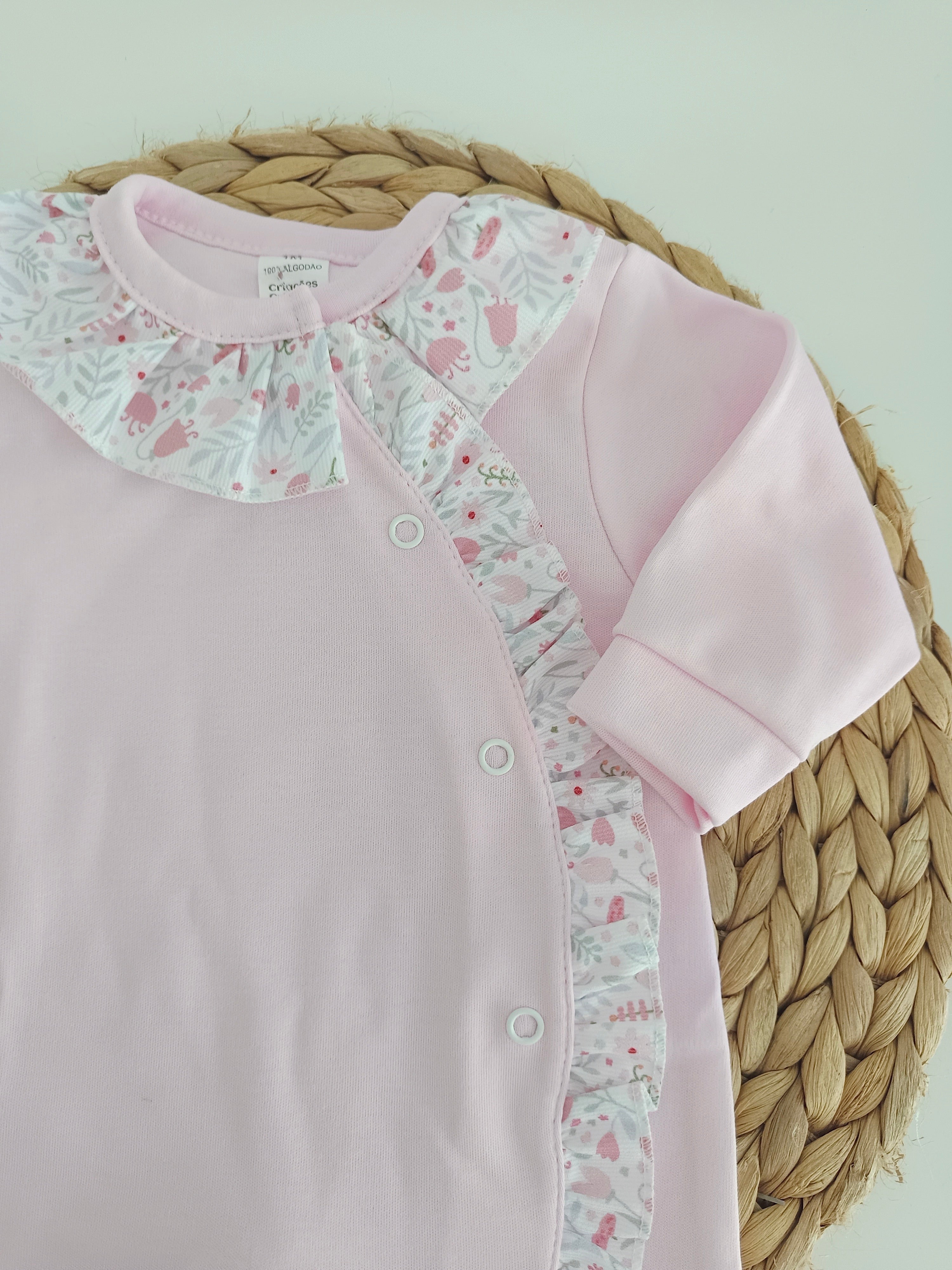Babygrow Algodão Folho e Gola Flores Rosa