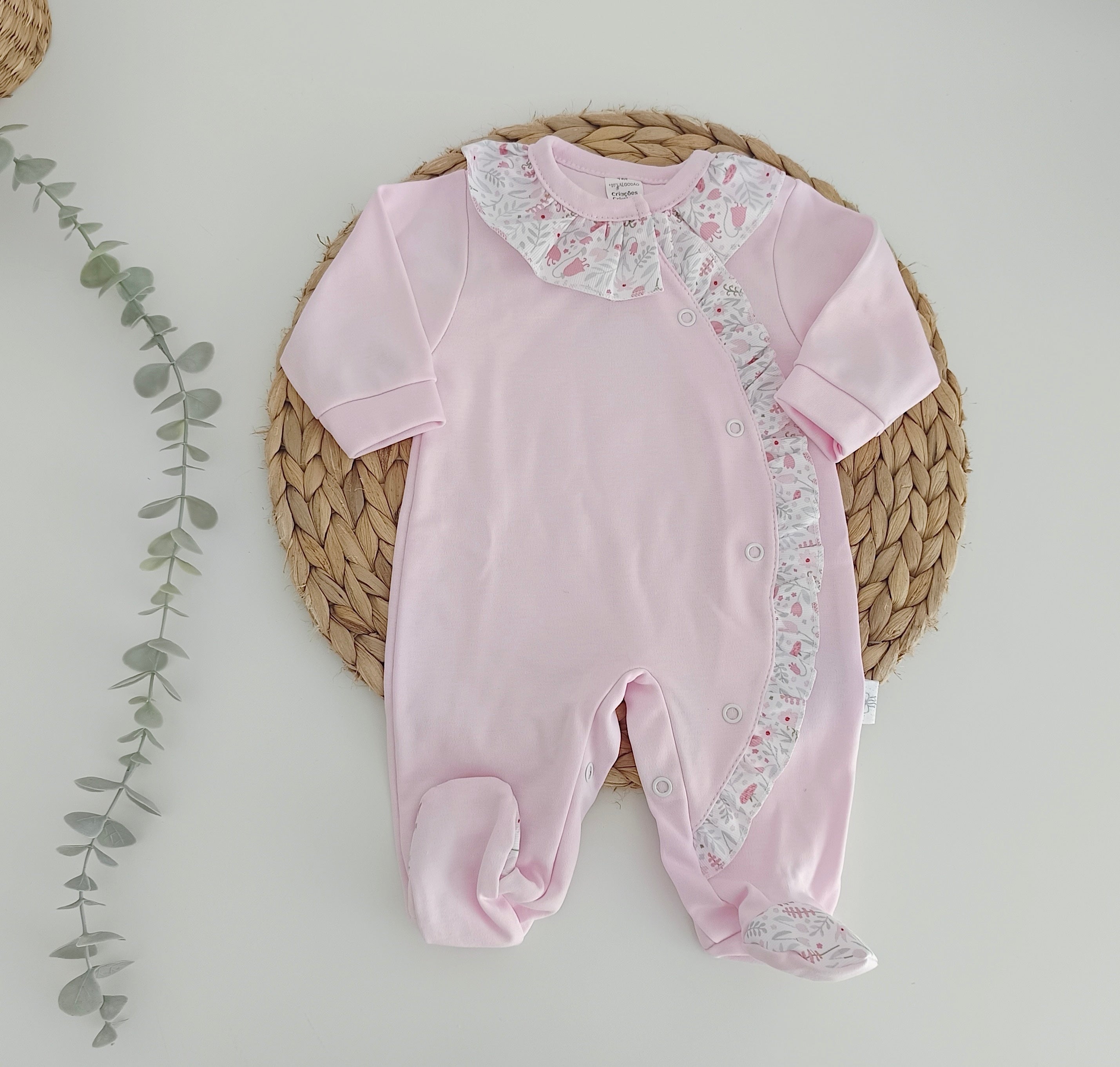 Babygrow Algodão Folho e Gola Flores Rosa