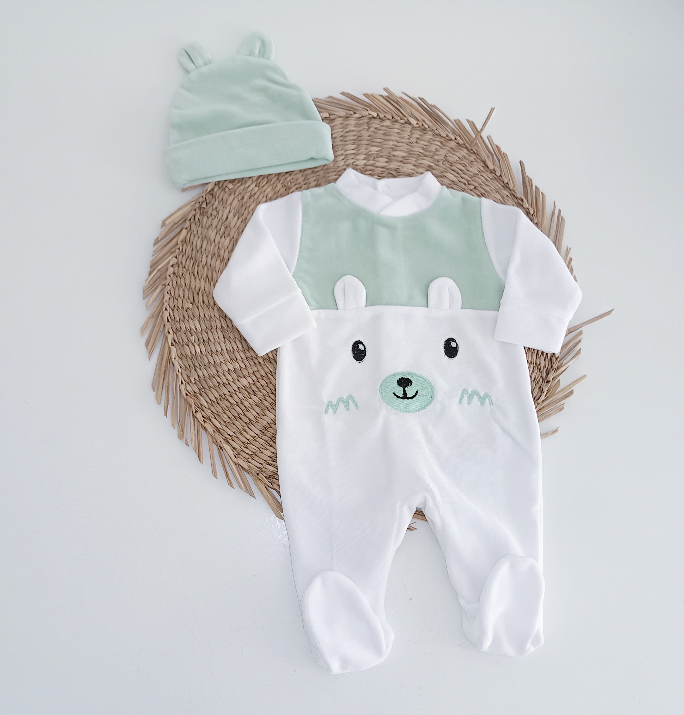 Babygrow Veludo Urso com Gorro Orelhas Verde