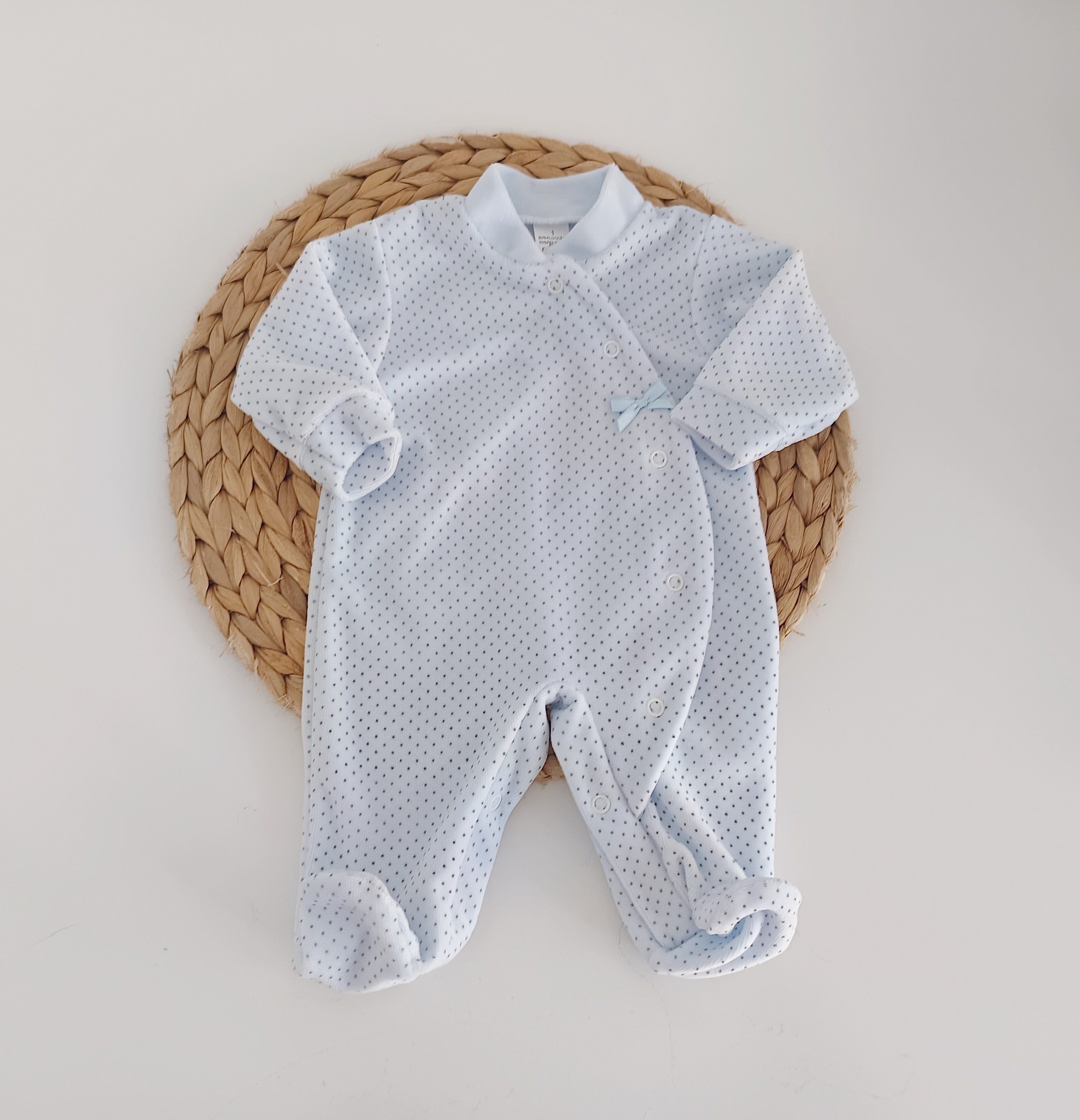 Conjunto de Primeira Roupinha Veludo Laço Pintas Azul