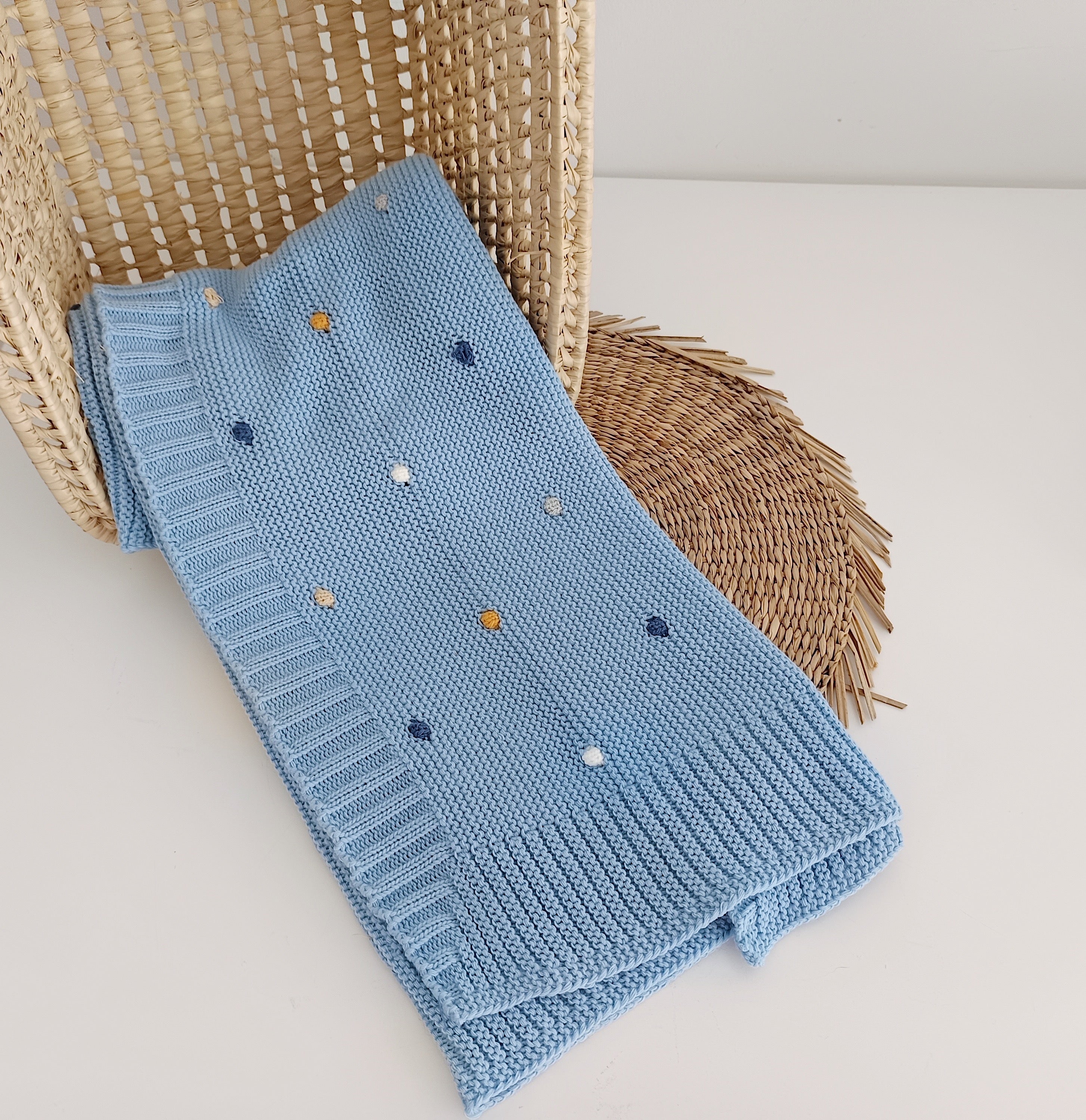 Manta de malha jeans com pompons coloridos para bebé, 100% acrílico premium FitFiu