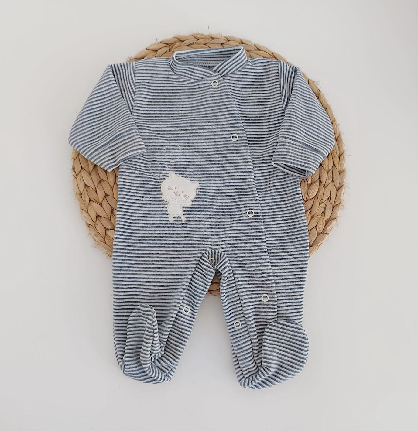 Babygrow de Veludo Urso Gatinho Riscas Marinho