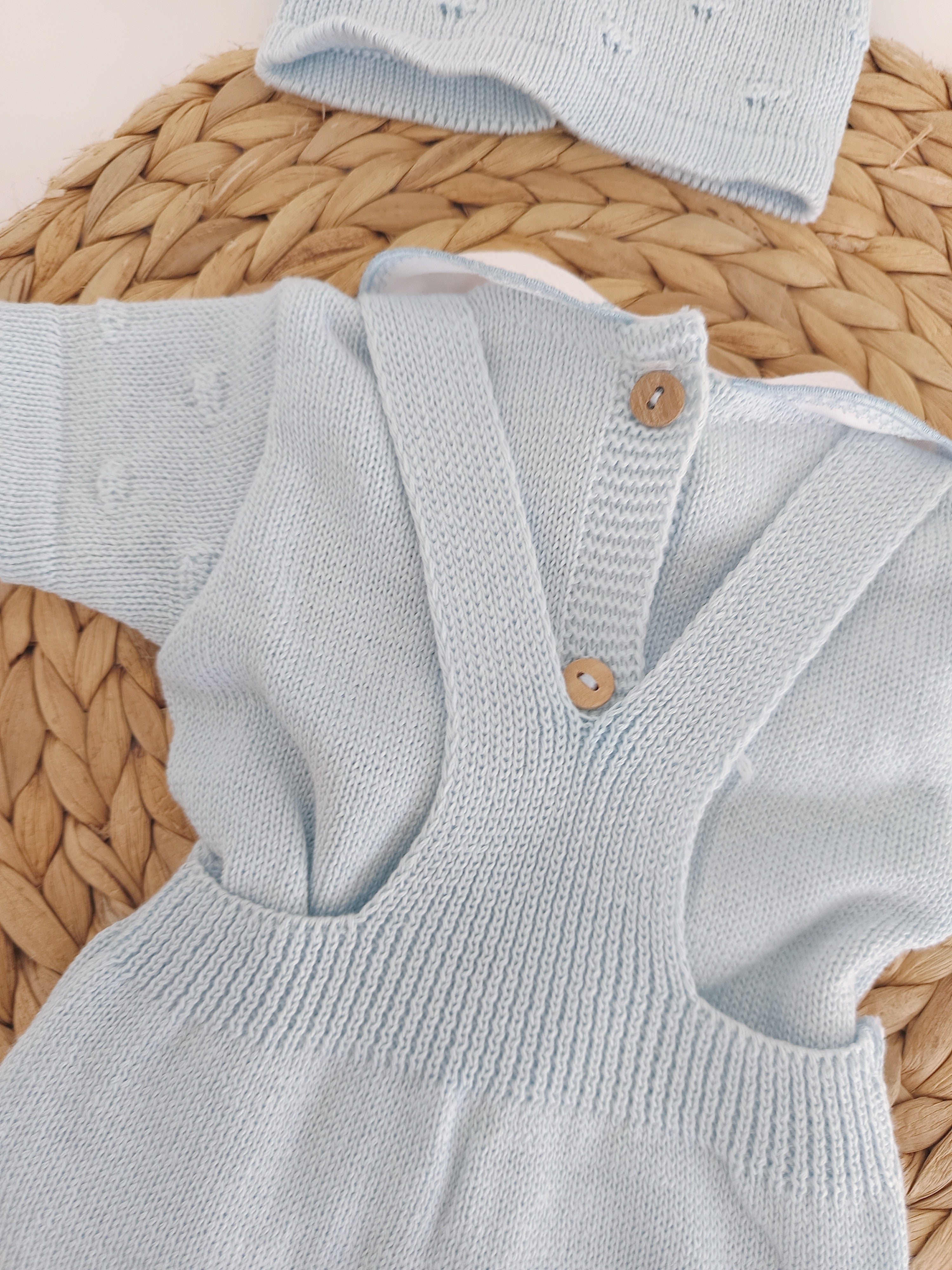 Macacão com camisola de malha Algodão relevos com Gorro Azul