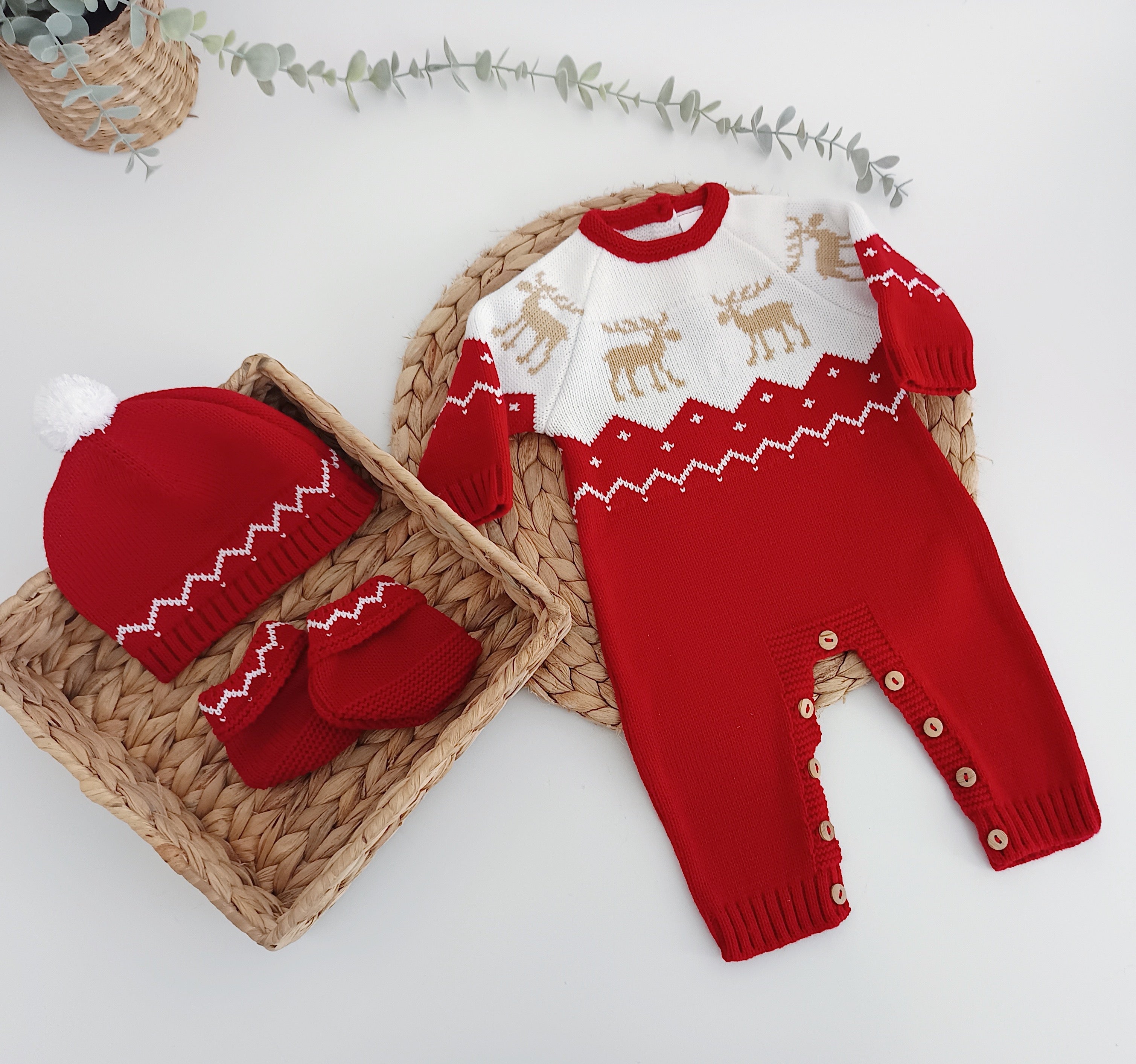 Babygrow de Malha com Gorro e Carapins Rena Vermelho