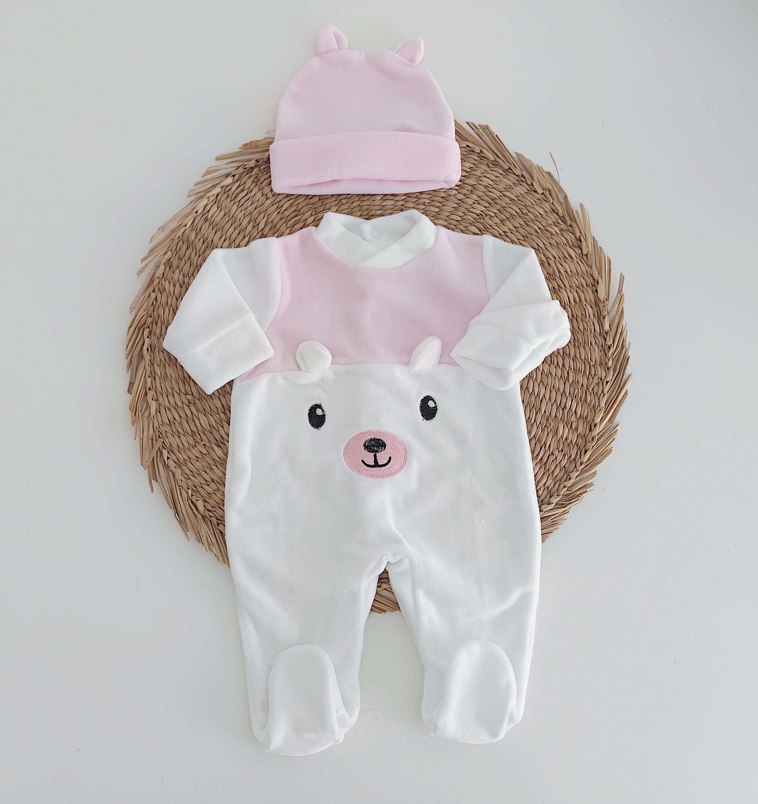 Babygrow Veludo Urso com Gorro Orelhas Rosa