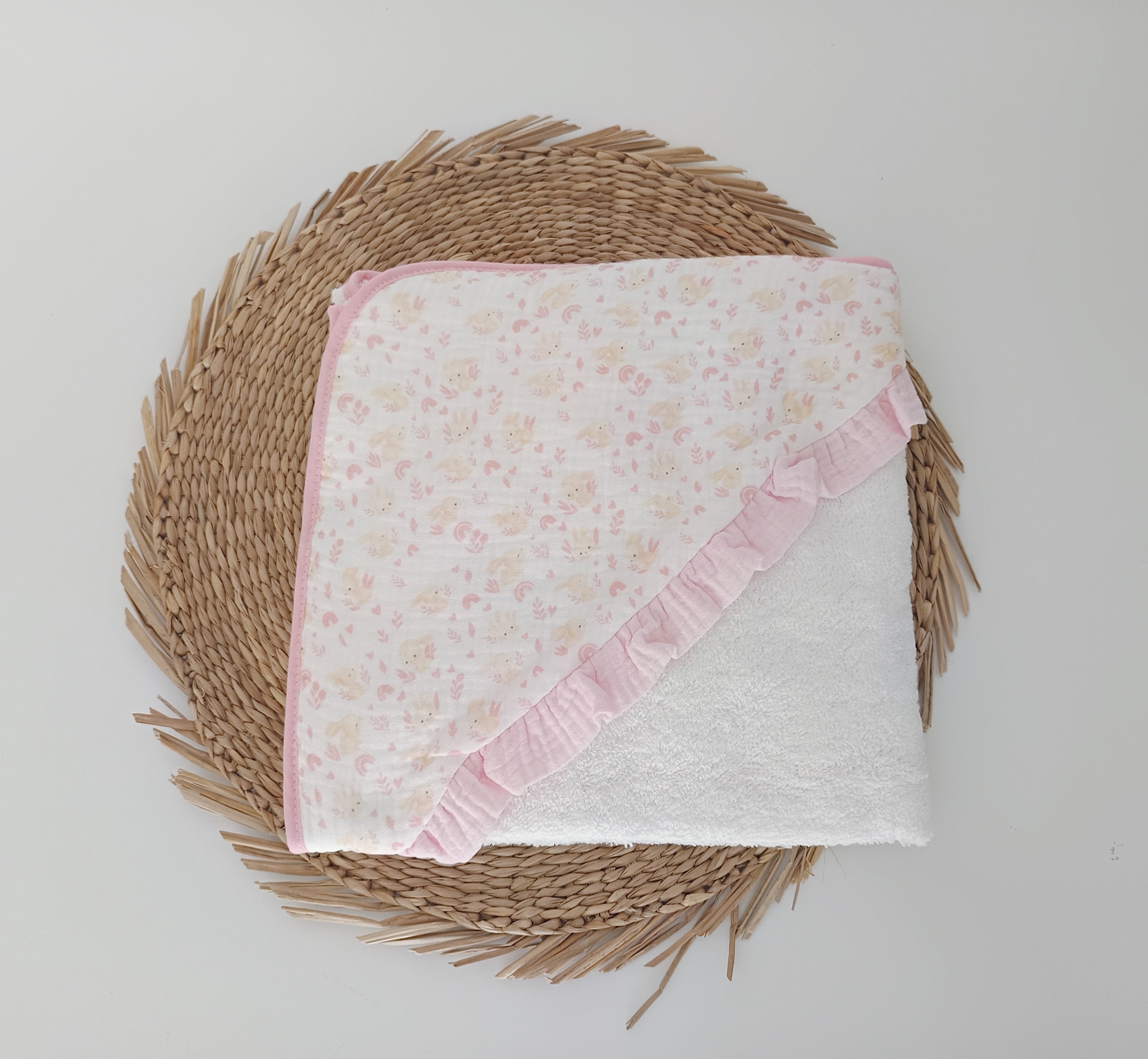 Toalha de banho Bebé Folho Coelhos Rosa