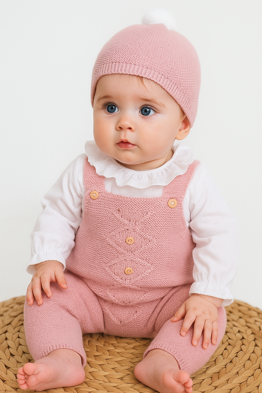 Jardineiras de malha c/ blusa gola folho Losangos Botões e gorro Rosa Velho