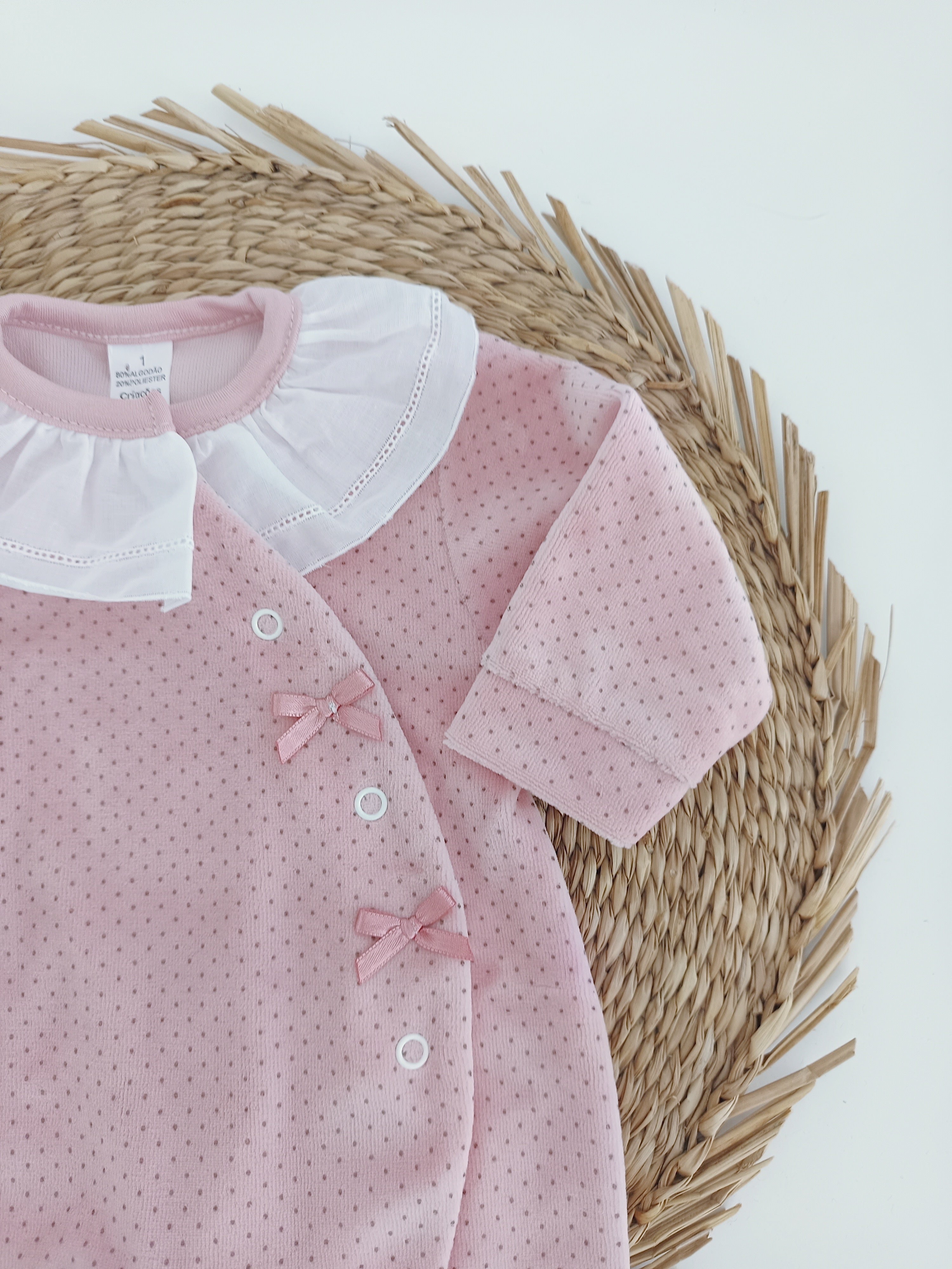 Babygrow Veludo Gola Folho Laço Pintas Rosa Velho