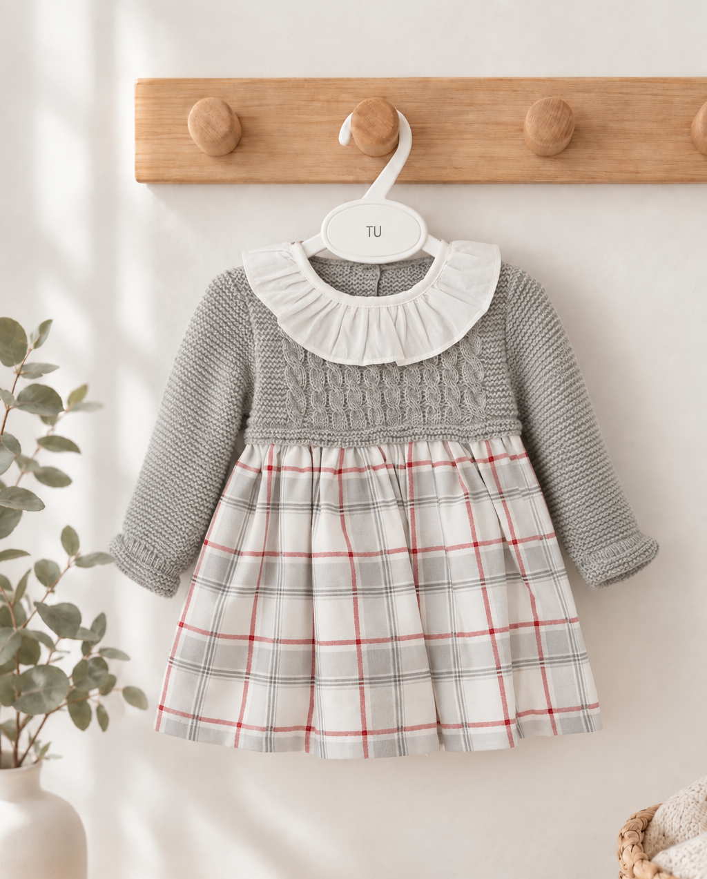 Vestido de Tecido e Malha com Xadrez Cinza