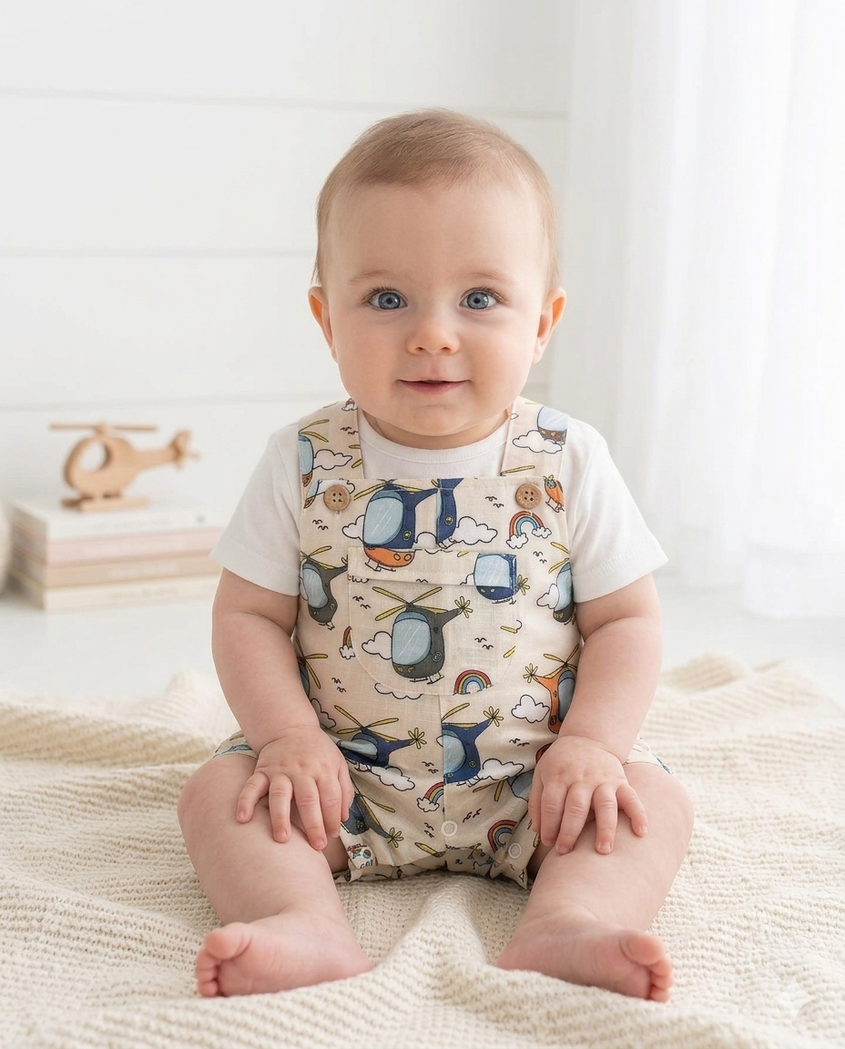 Jardineira Curta Helicóptero com Camisa Areia