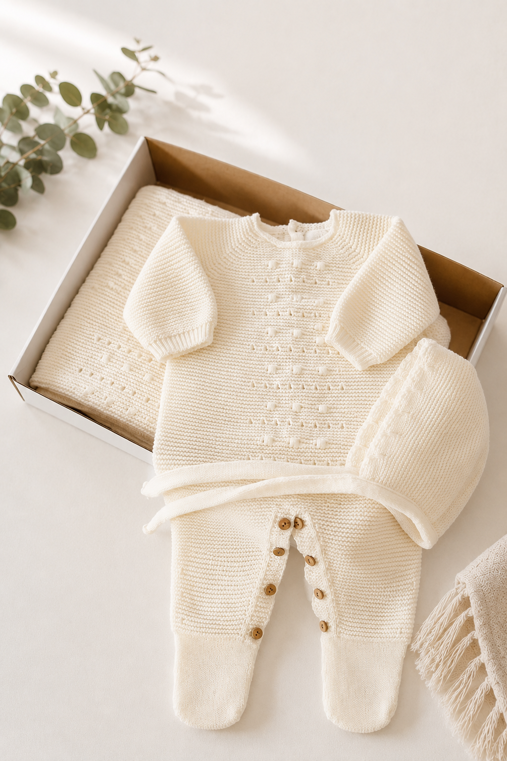 Conjunto de malha Manta e Babygrow com touca Pérola