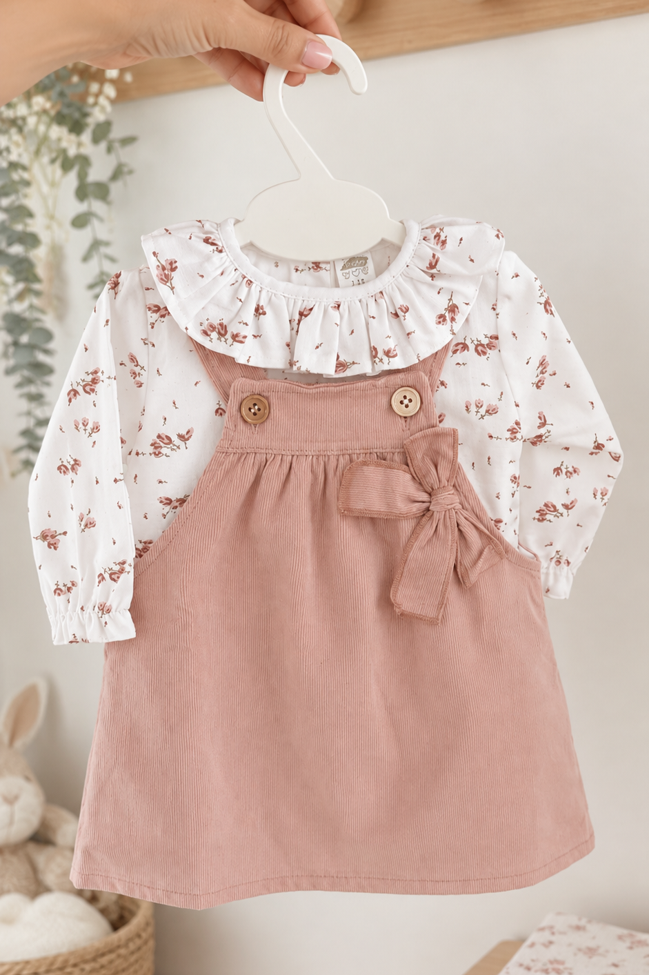 Vestido rosa velho com blusa floral e gola de folho para bebé