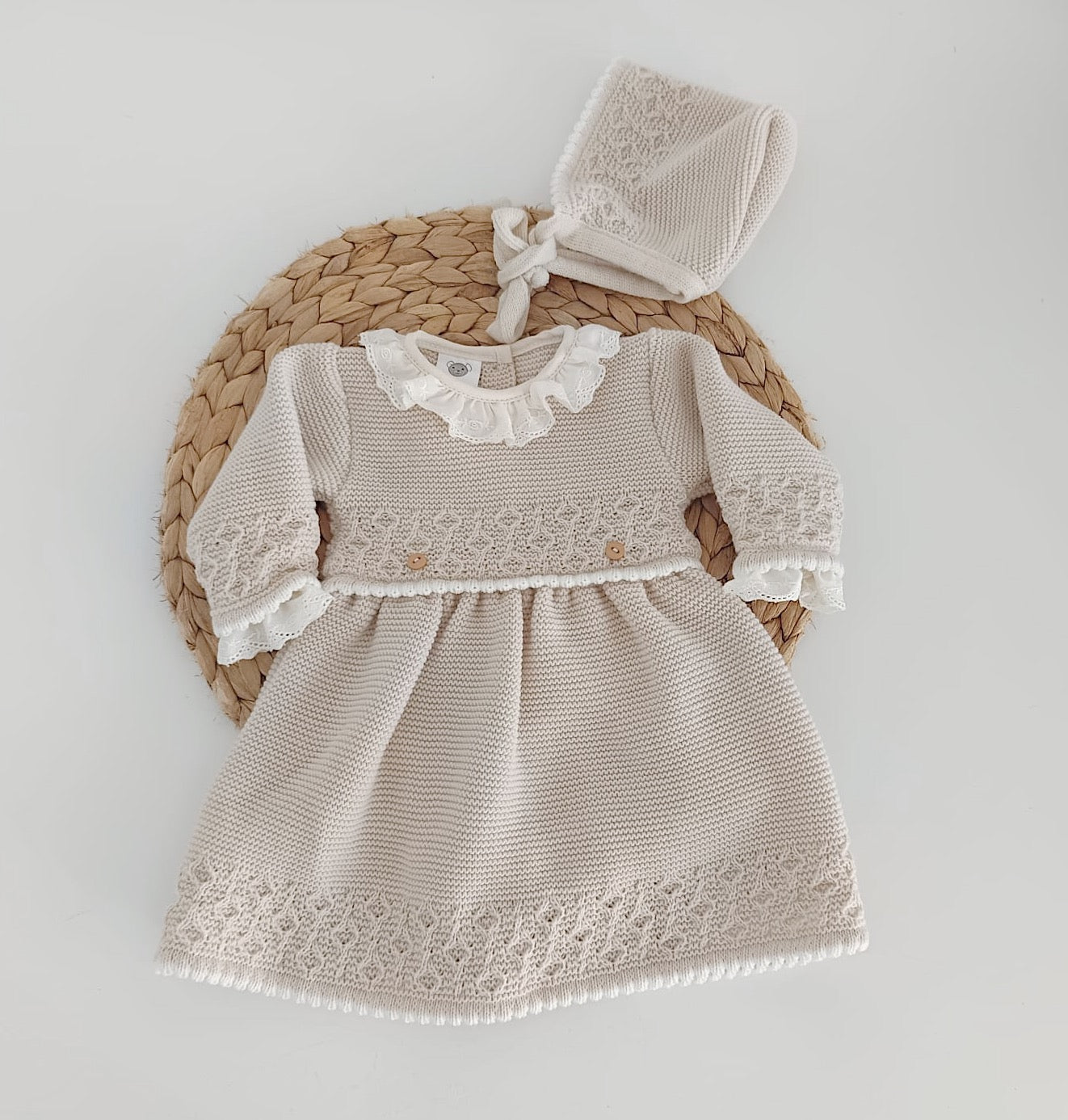 Vestido de Tecido e Malha com Touca Botões Areia
