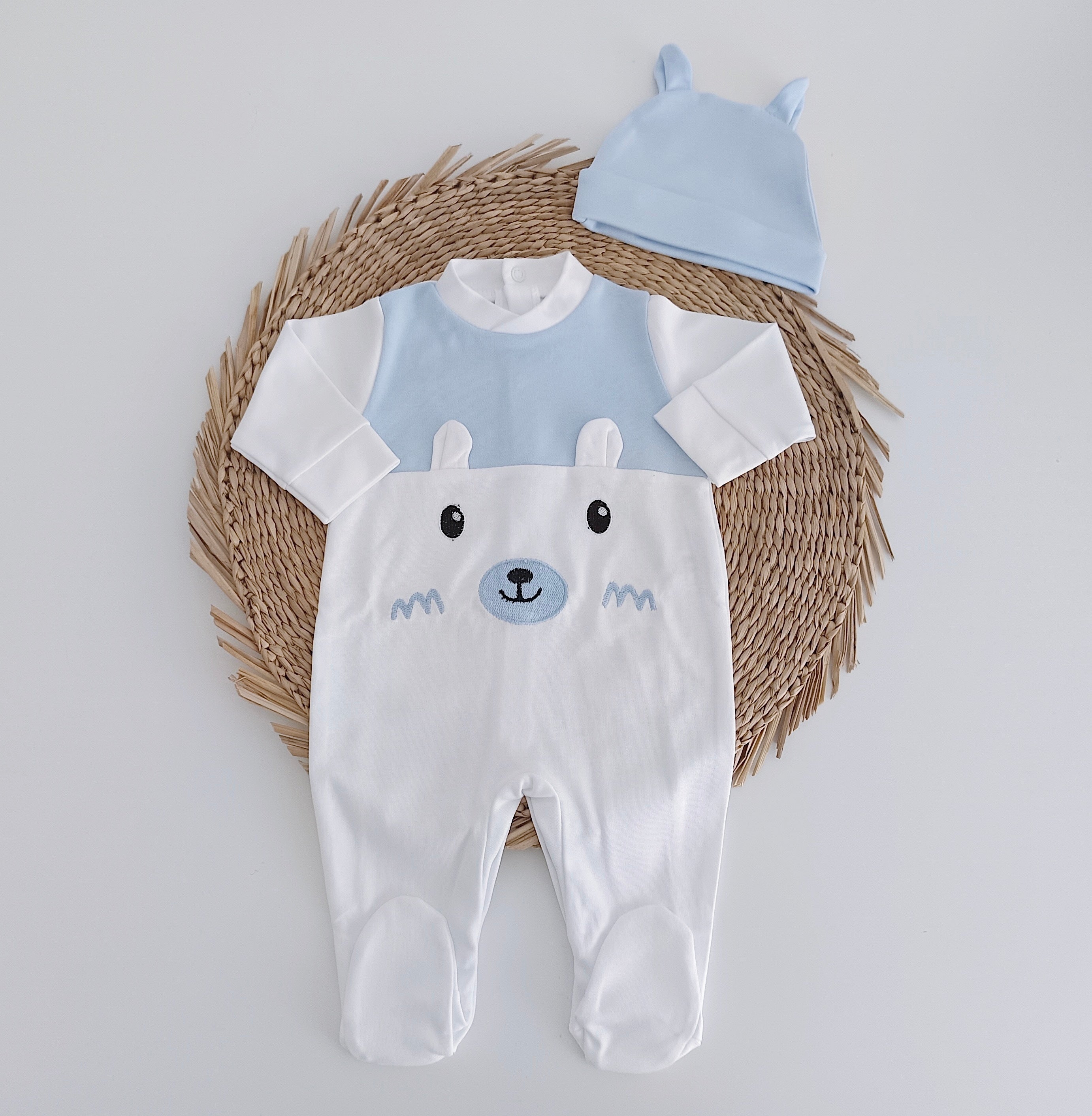 Babygrow Algodão Urso com Gorro Orelhas Azul