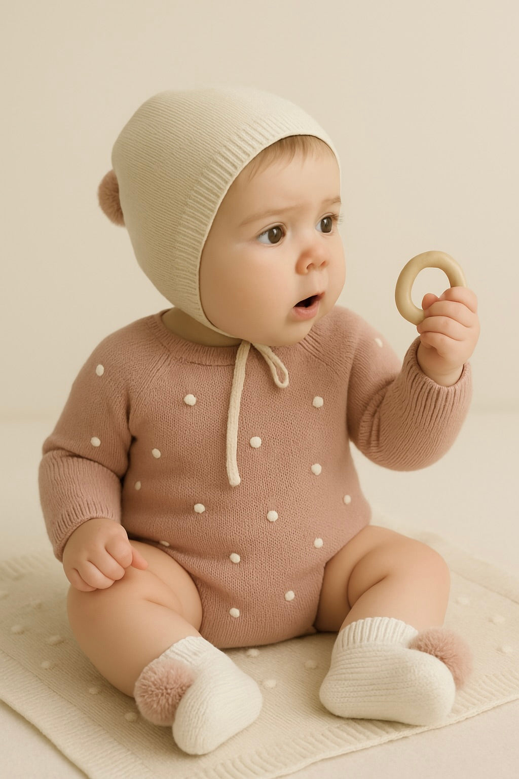 Fofo de Malha Pompons com touca e carapins Rosa Velho
