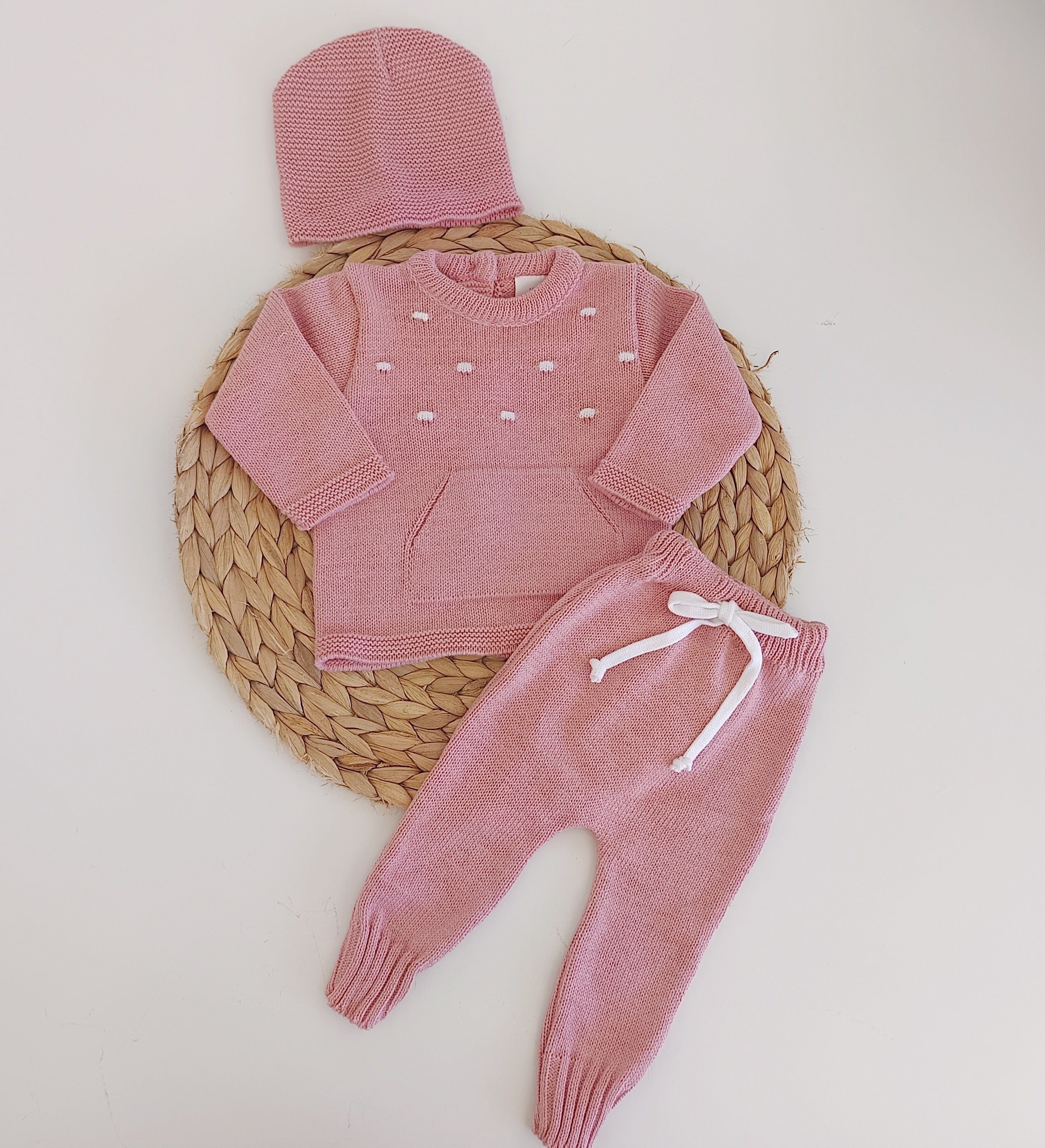 Conjunto de Malha Algodão Calças, Camisola com Bolsos e Gorro Rosa Velho