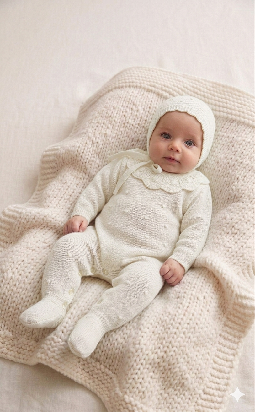 Babygrow de Malha Pompons Gola com touca Pérola