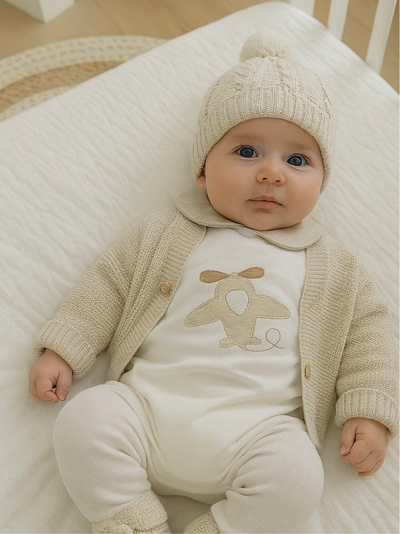 Bebé vestido conjunto avião babygrow casaco gorro carapins areia FitFiu Babies