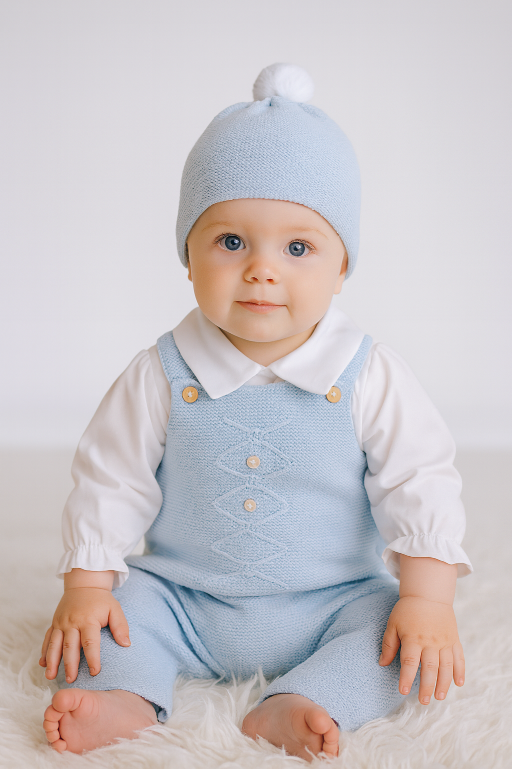 Jardineiras de malha c/ camisa gola bico Losangos Botões e gorro Azul