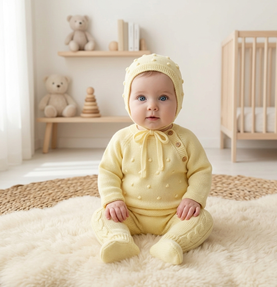 Conjunto de Malha Algodão Pompons em Relevo com Touca Amarelo