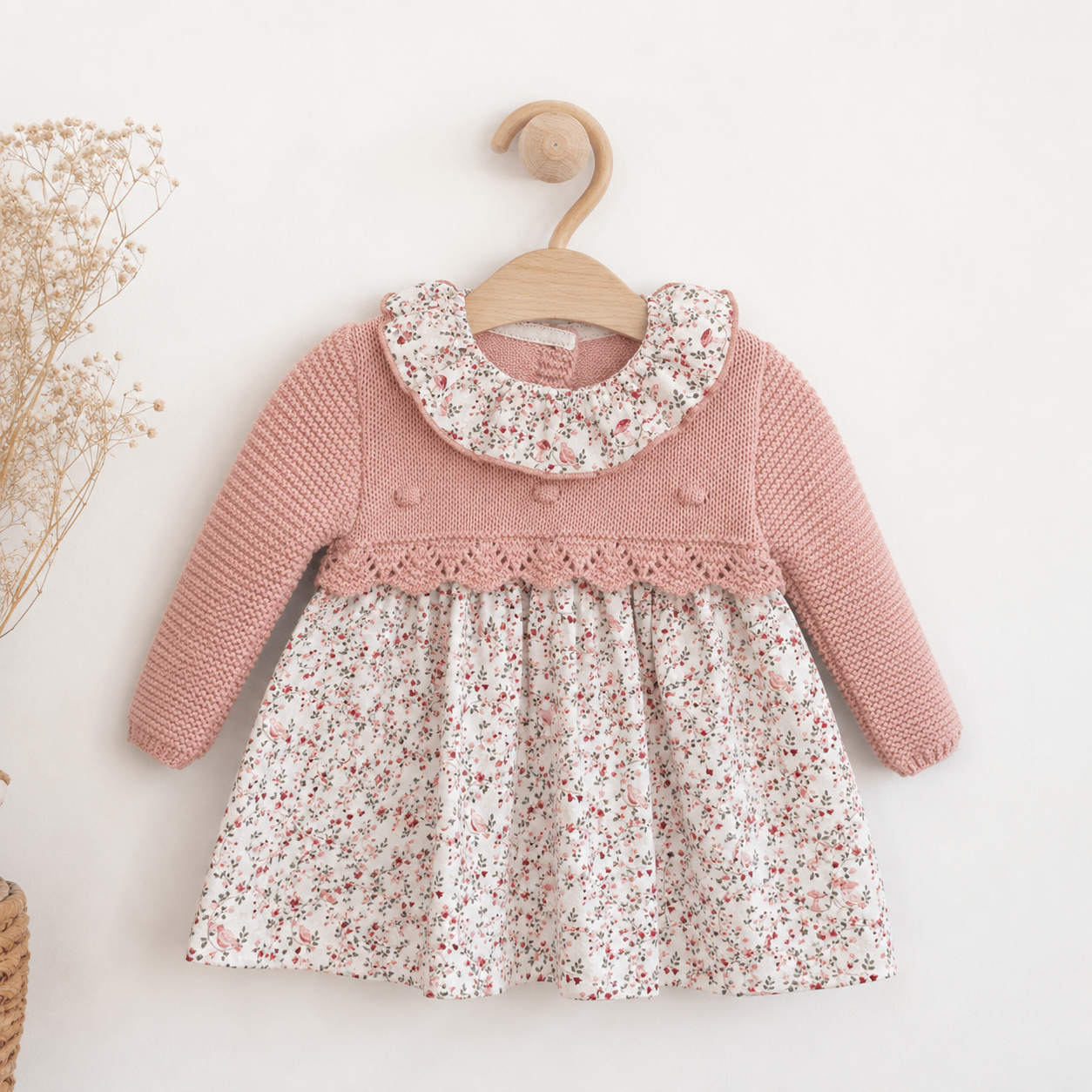 Vestido de Tecido e Malha com Flores Rosa Velho