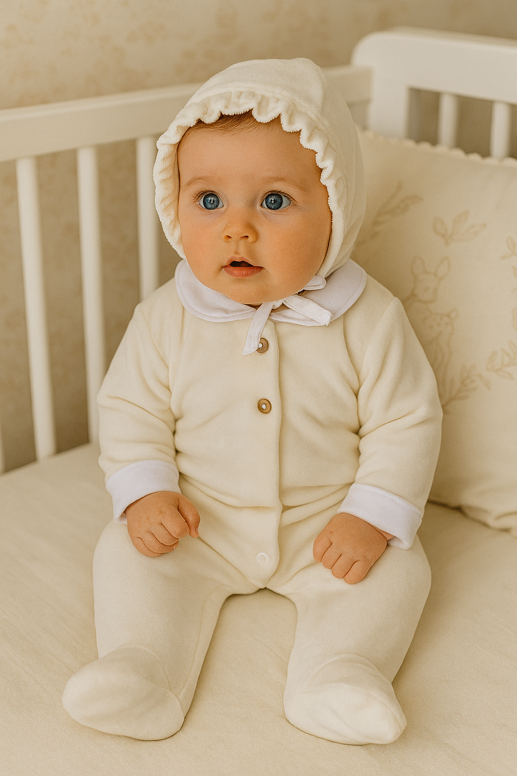 Babygrow Veludo com Touca Botões Pérola