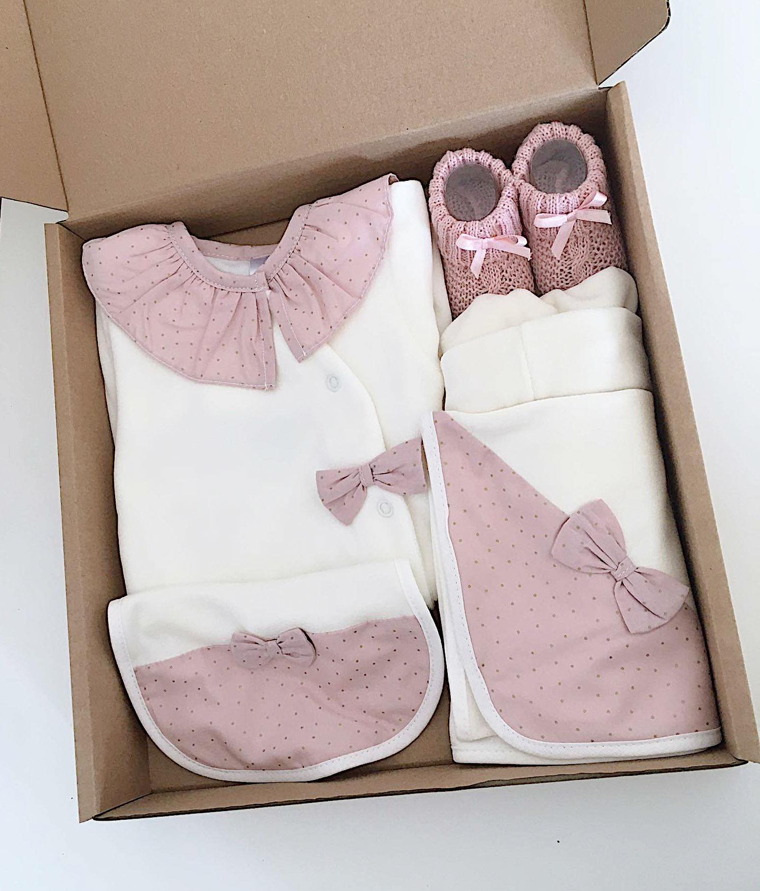 FitFiu Babies® | Conjunto Primeira Roupa Veludo Laço Pintinhas Rosa Velho