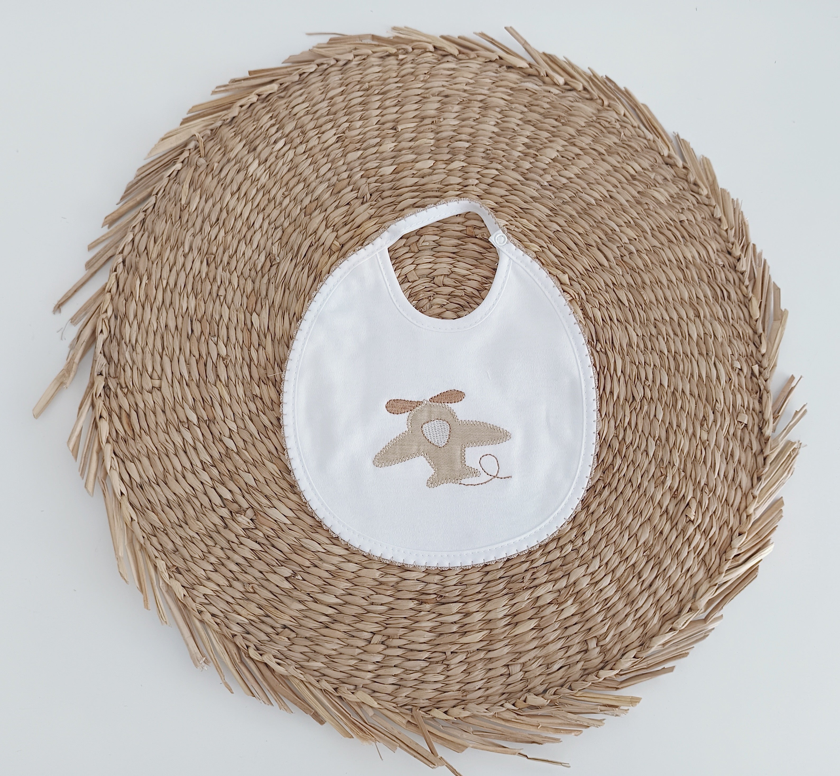 Babete bebé 100% algodão bordado avião fecho mola areia coleção avião FitFiu Babies