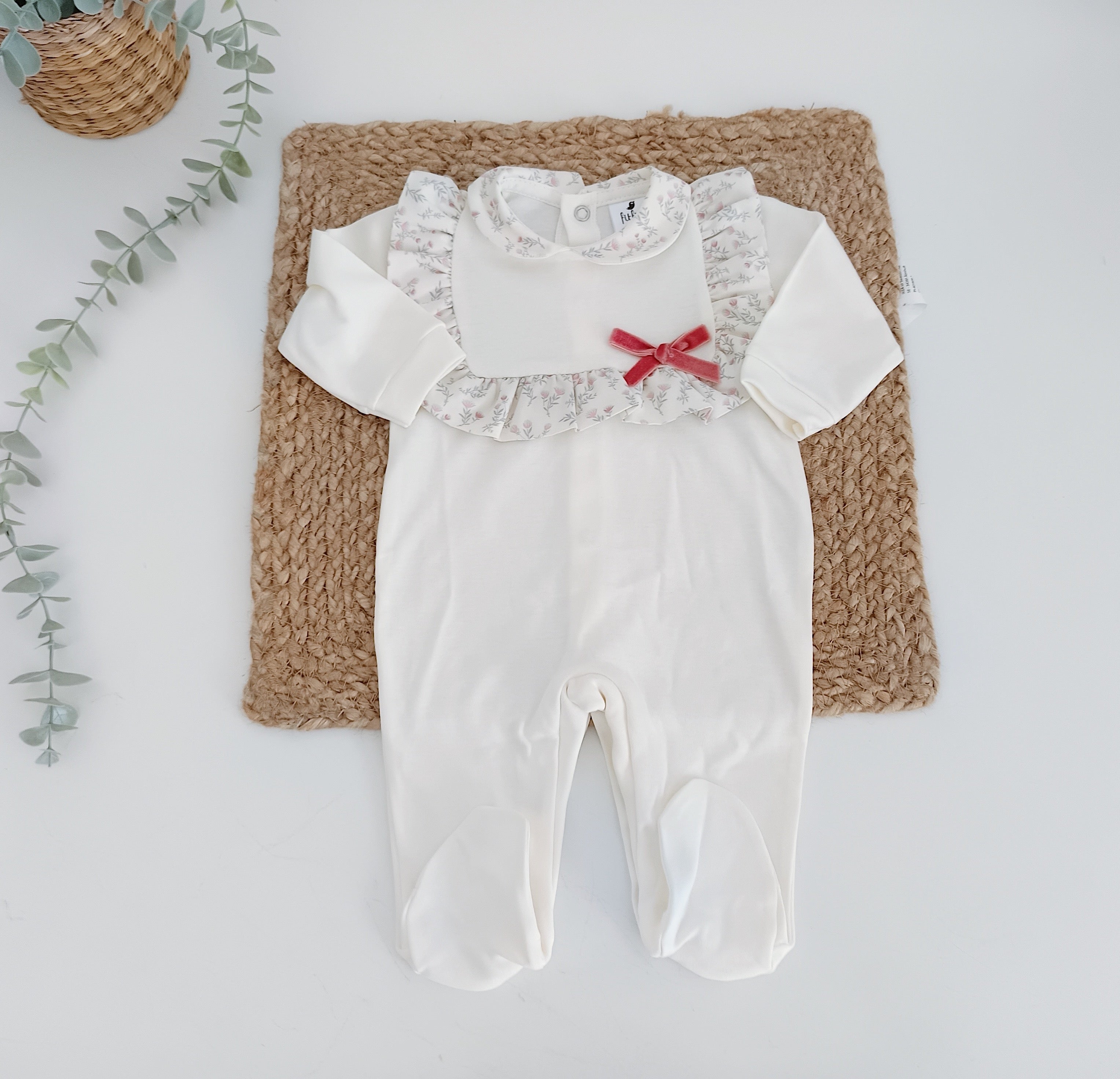 Babygrow Algodão Peitilho com Flores e Laço Rosa Velho