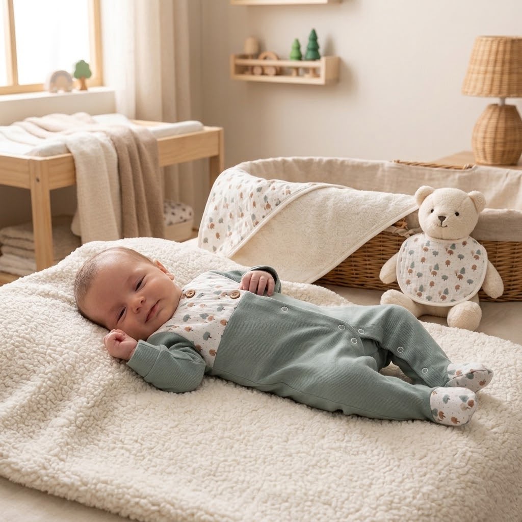 Pack FitFiu Babies® composto por babygrow verde canelado com peitilho estampado de árvores, toalha de banho com capuz, fralda e babete a combinar em tons de verde, bege e castanho.