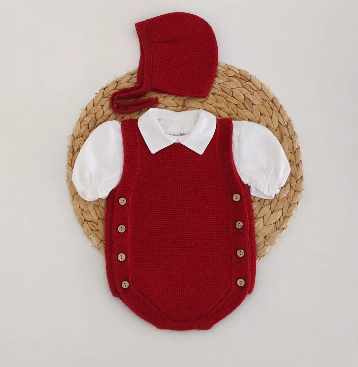 Fofo de Malha bebé com Camisa Bico Botões Madeira Vermelho