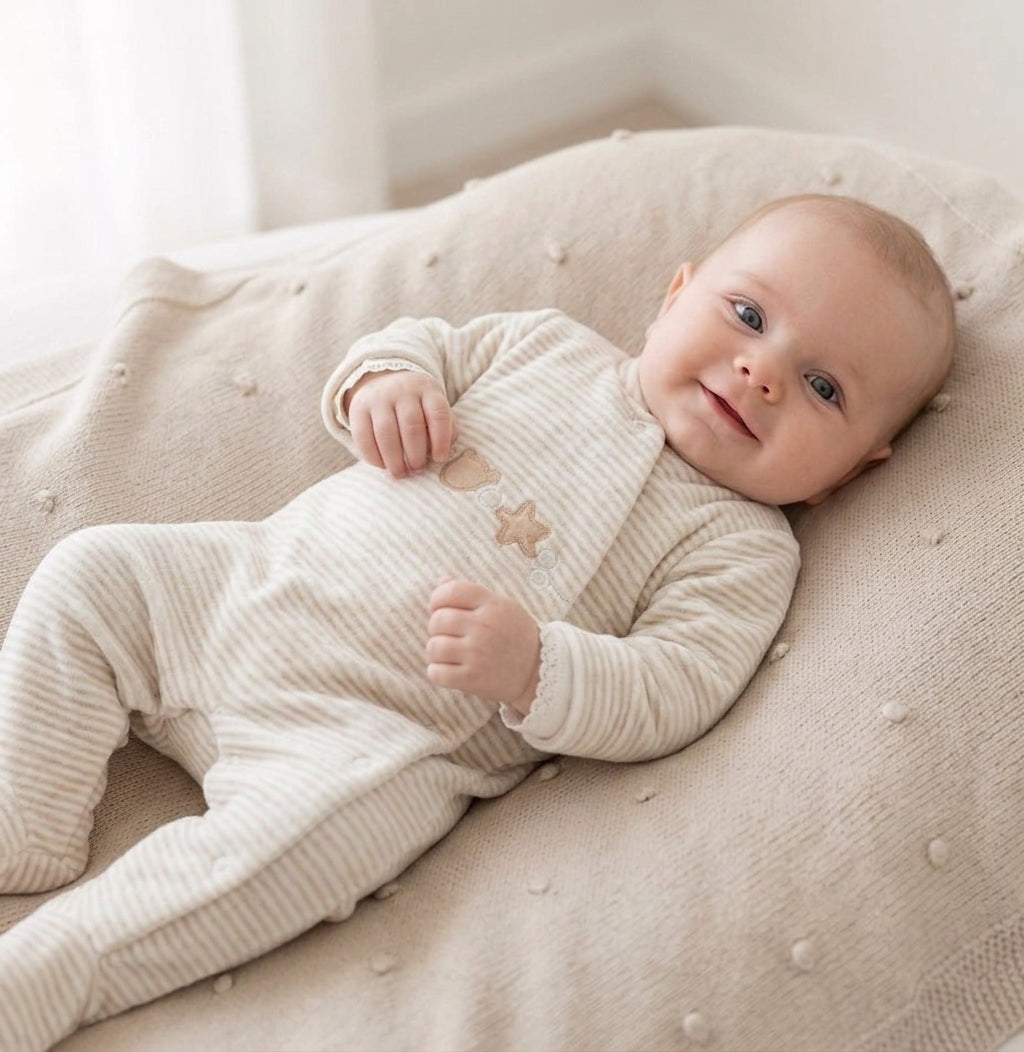 Babygrow de Veludo Estrelas Urso Lua Riscas Areia