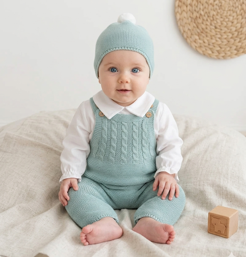 Jardineiras de Malha Trancinhas c/ Camisa Gola Bico e Gorro Verde