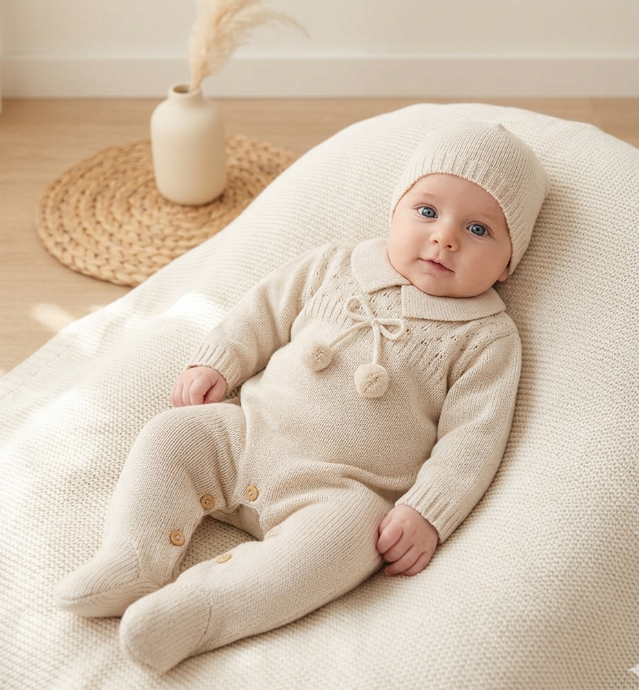 Babygrow de Malha Pompons com Gorro Areia