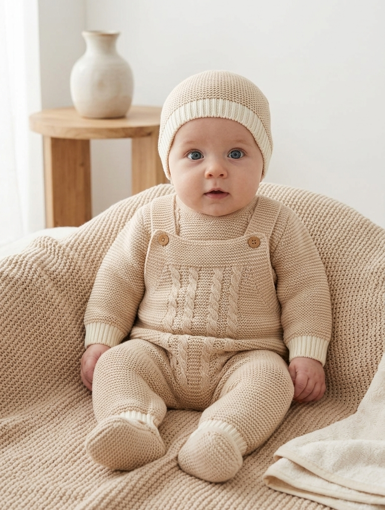 Jardineira de Malha com Camisola e Gorro Tranças Areia