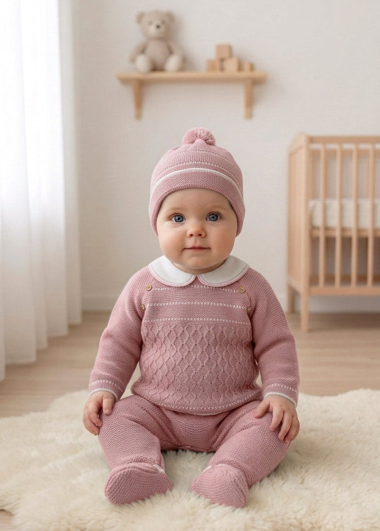 Conjunto de Malha Básico com Gorro Botões Losangos Rosa Velho