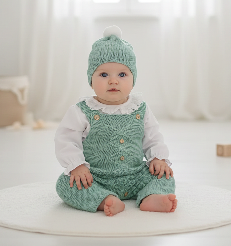 Jardineiras de malha c/ blusa gola folho Losangos Botões e gorro Verde