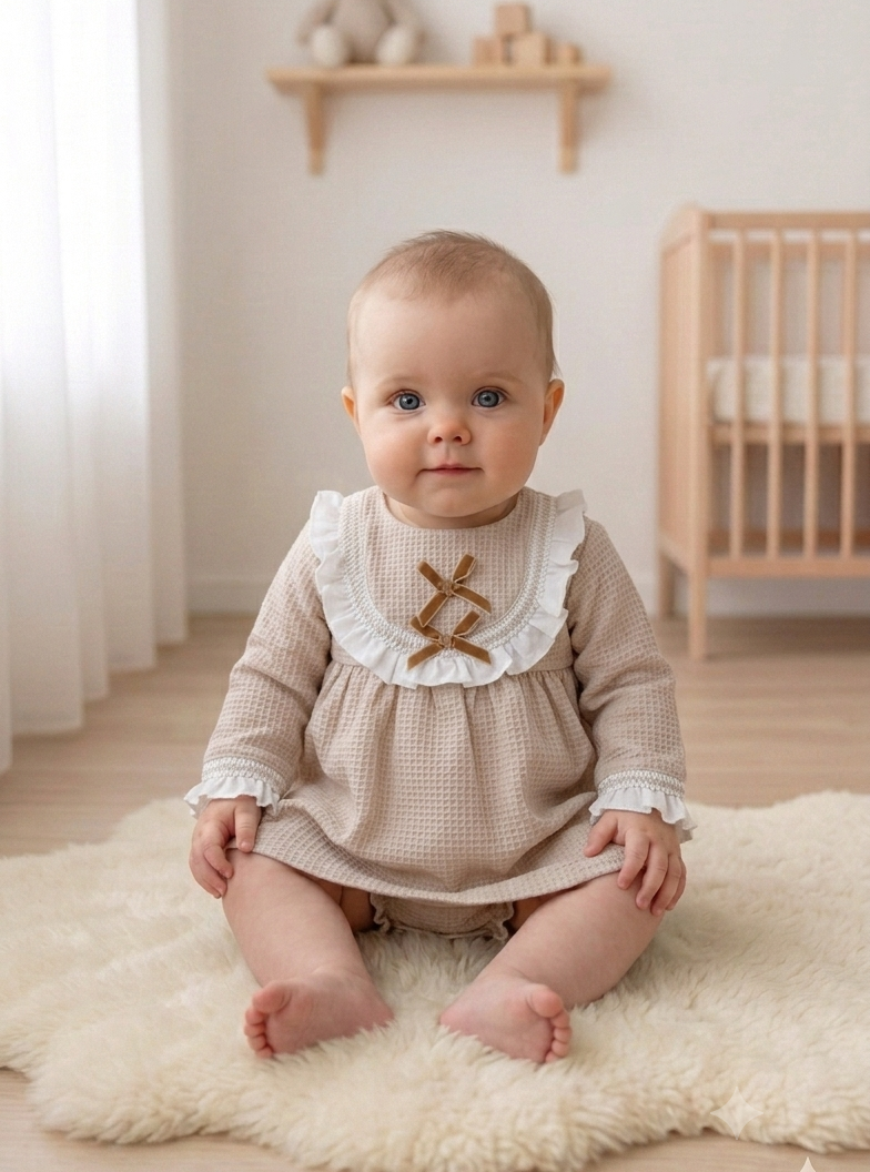 Vestido Favos Dois Laços com Tapa Fraldas Areia