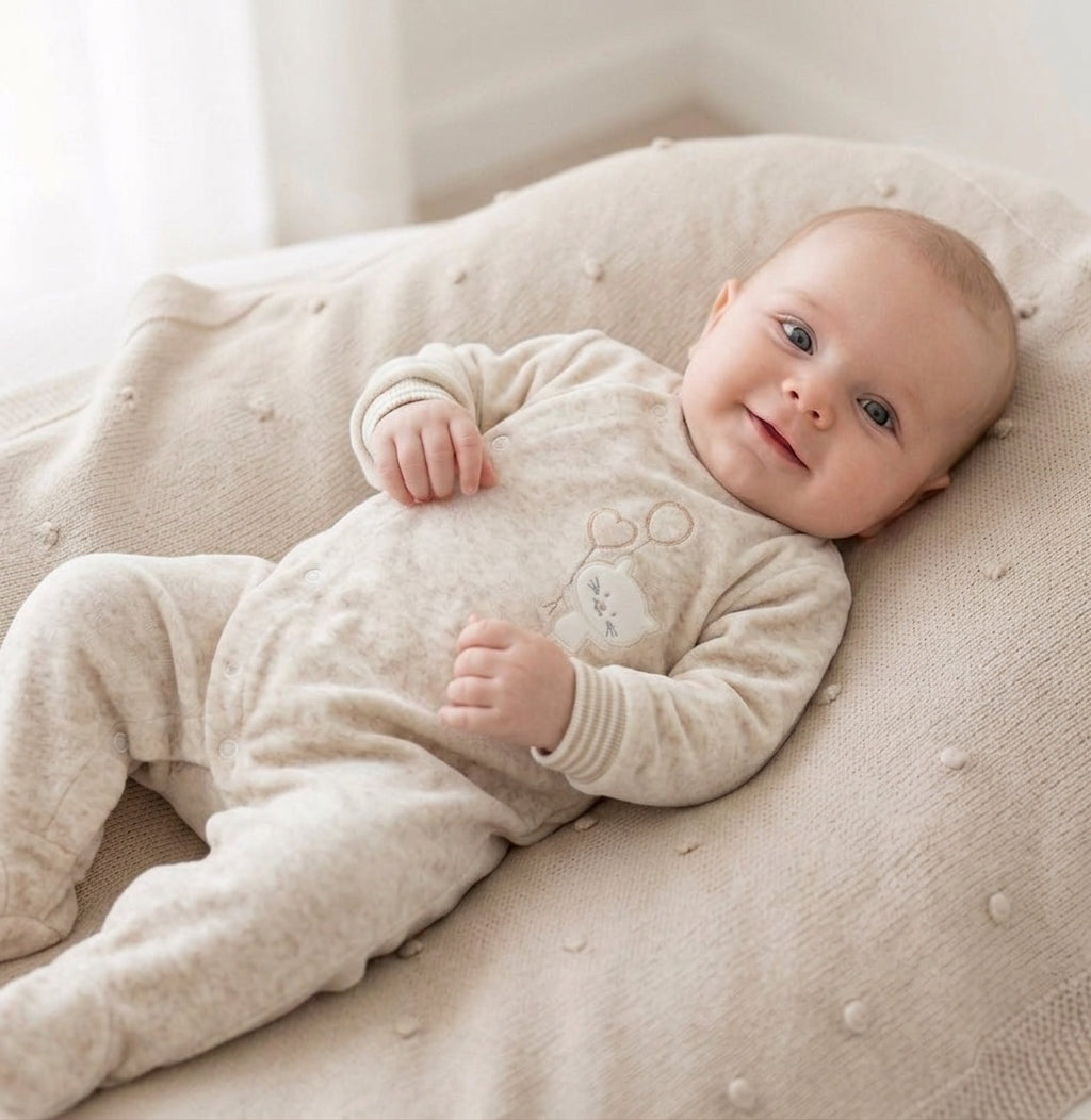 Babygrow de Veludo Gato Balões Areia