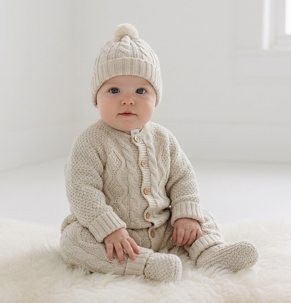 Babygrow de malha com gorro e carapins Areia
