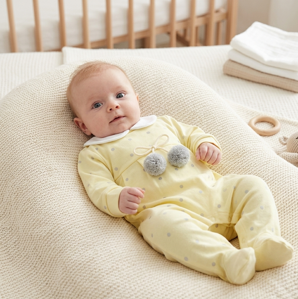Babygrow Algodão Bolinhas com Pompons Amarelo