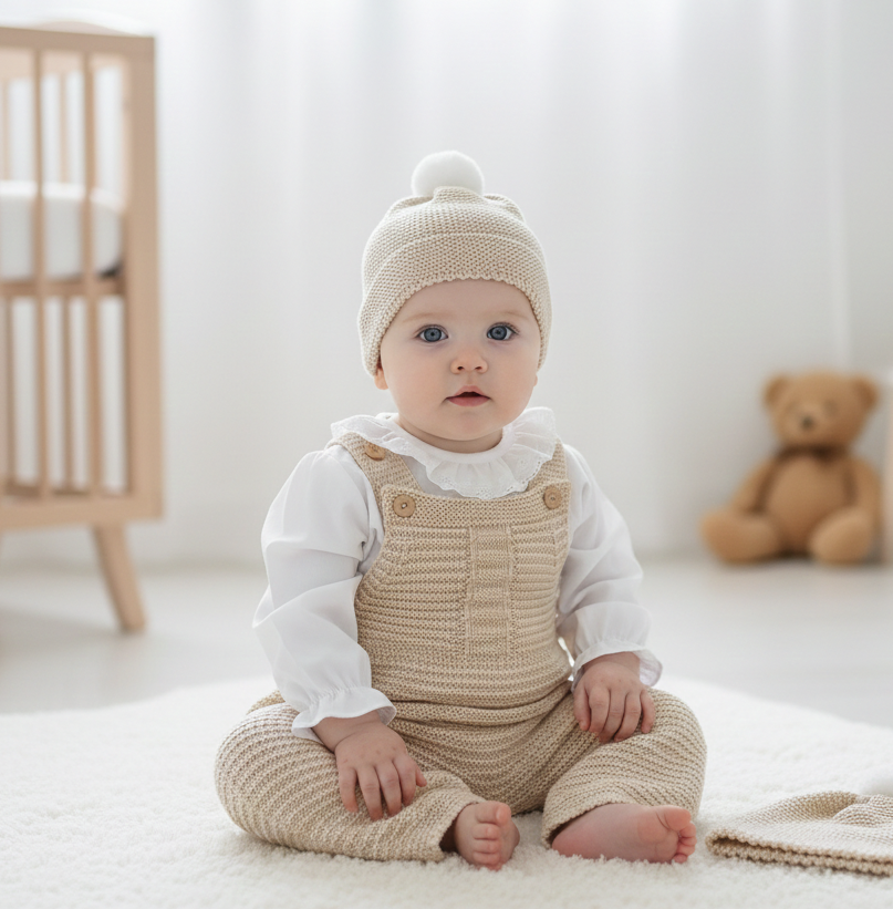 Jardineiras de Malha Trabalhada c/ blusa gola folho e gorro algodão Areia