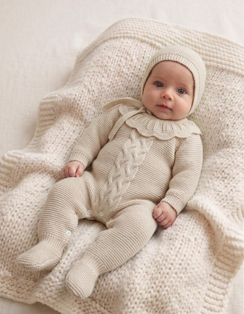 Babygrow de Malha Trança Gola com touca Areia