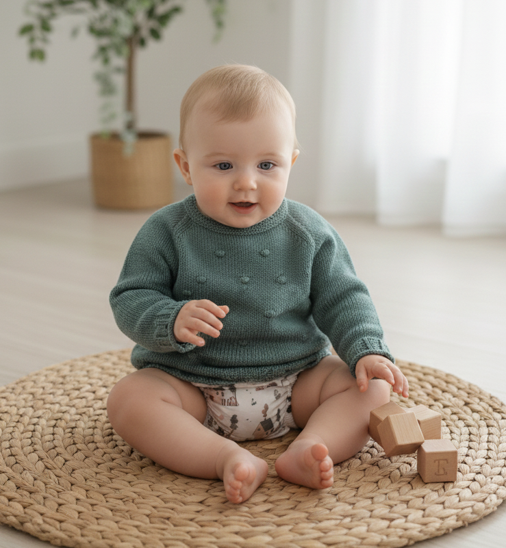 Tapa Fraldas com Camisola de Malha Casinhas Verde