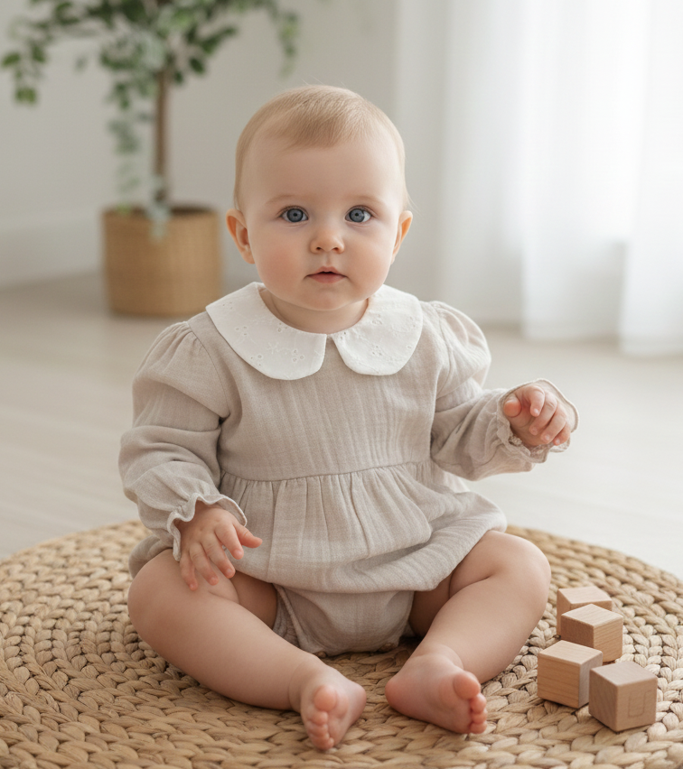Fofo Musselina com Gola Bordado Inglês Areia | FitFiu Babies®