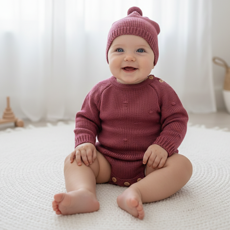 Fofo de Malha Pompons com Gorro Beringela