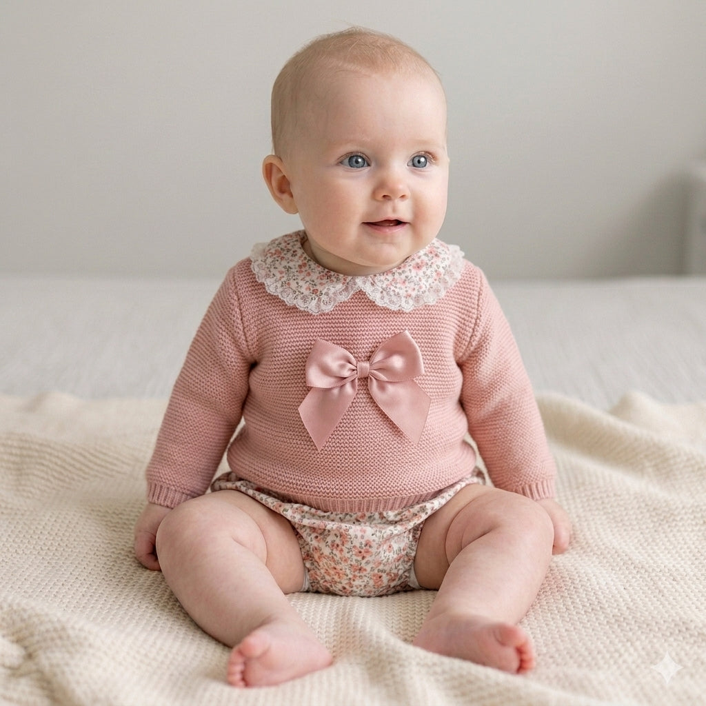 Tapa Fraldas com Camisola de Malha Flores e Laço Rosa Velho