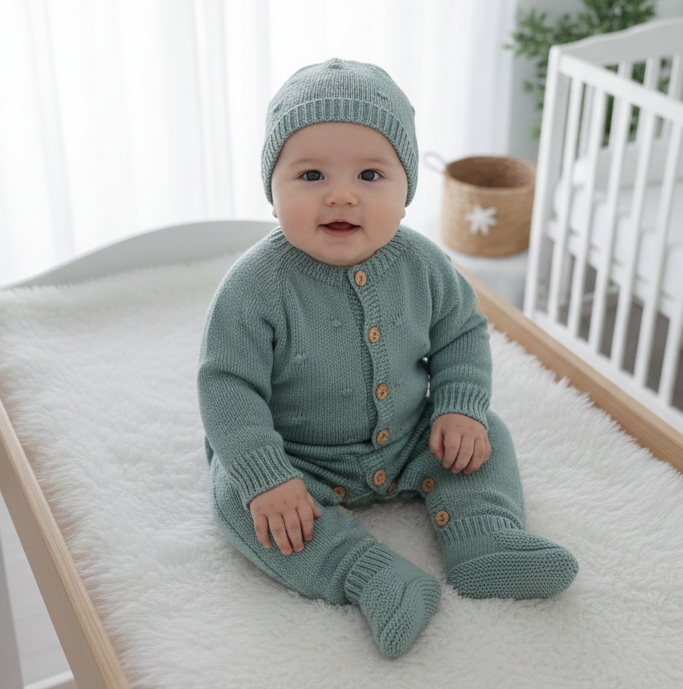 Babygrow de malha pompons com gorro e carapins Verde