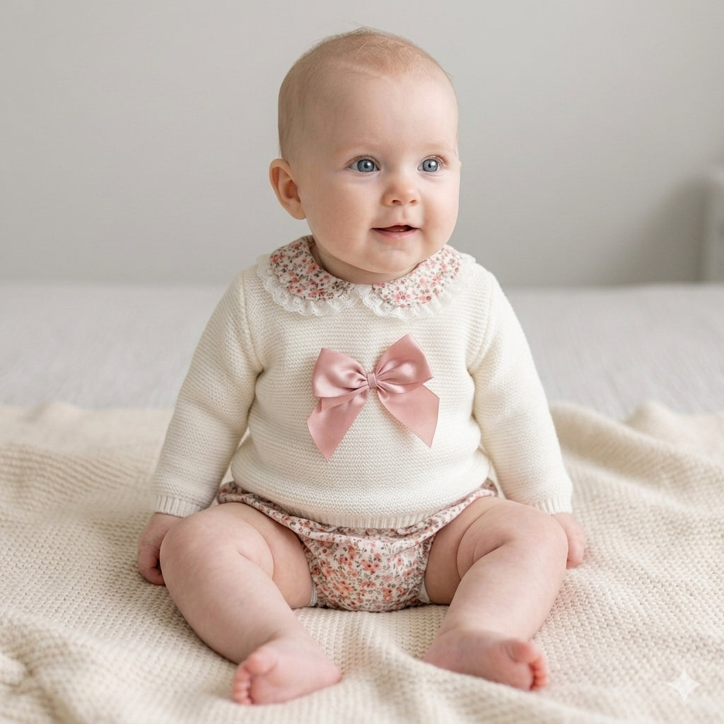 Tapa Fraldas com Camisola de Malha Flores e Laço Pérola