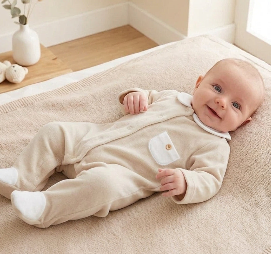 Babygrow Veludo Gola redonda com Bolso Areia